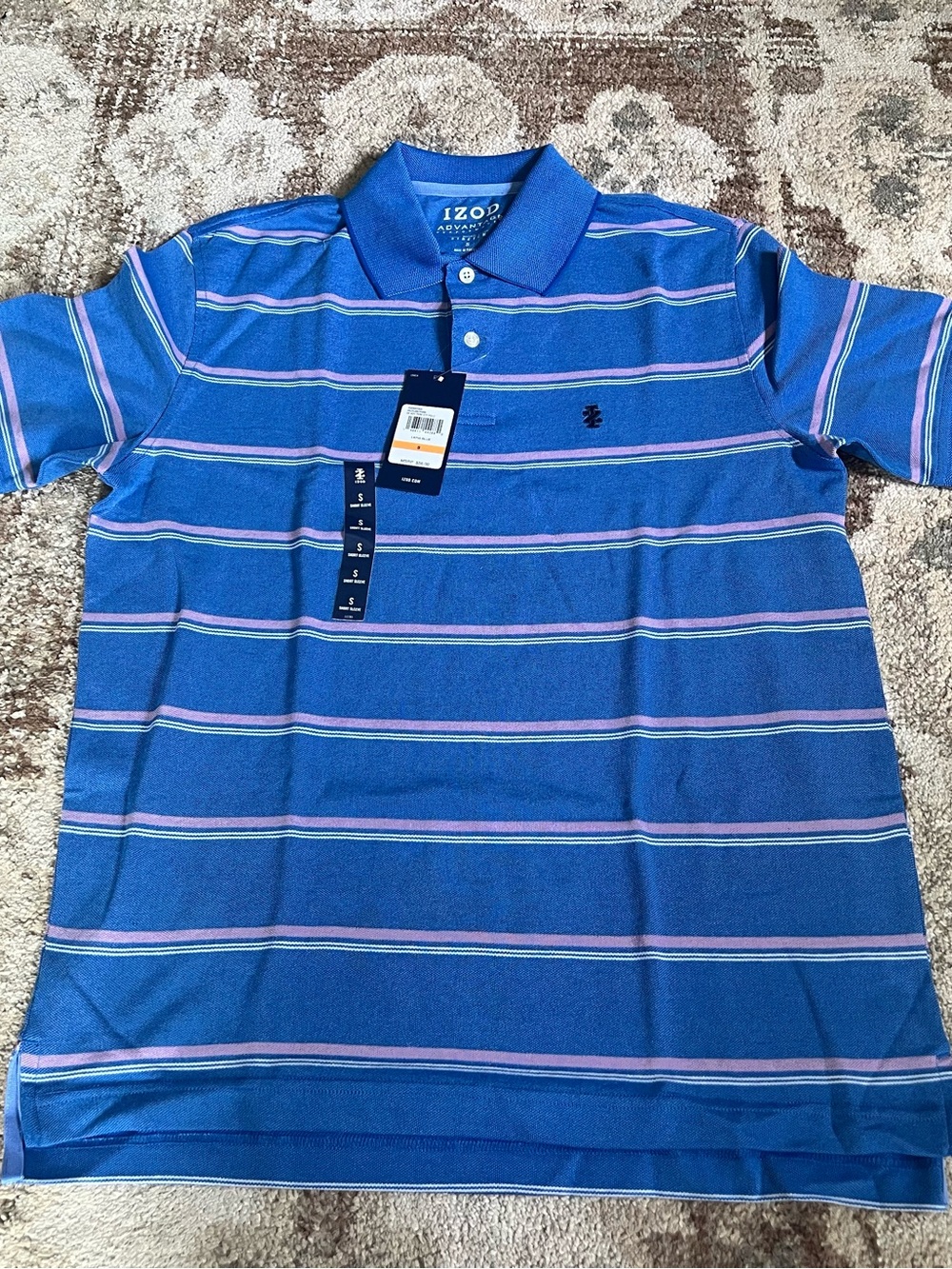 Izod Blue Striped Polo with Pink & White Accents